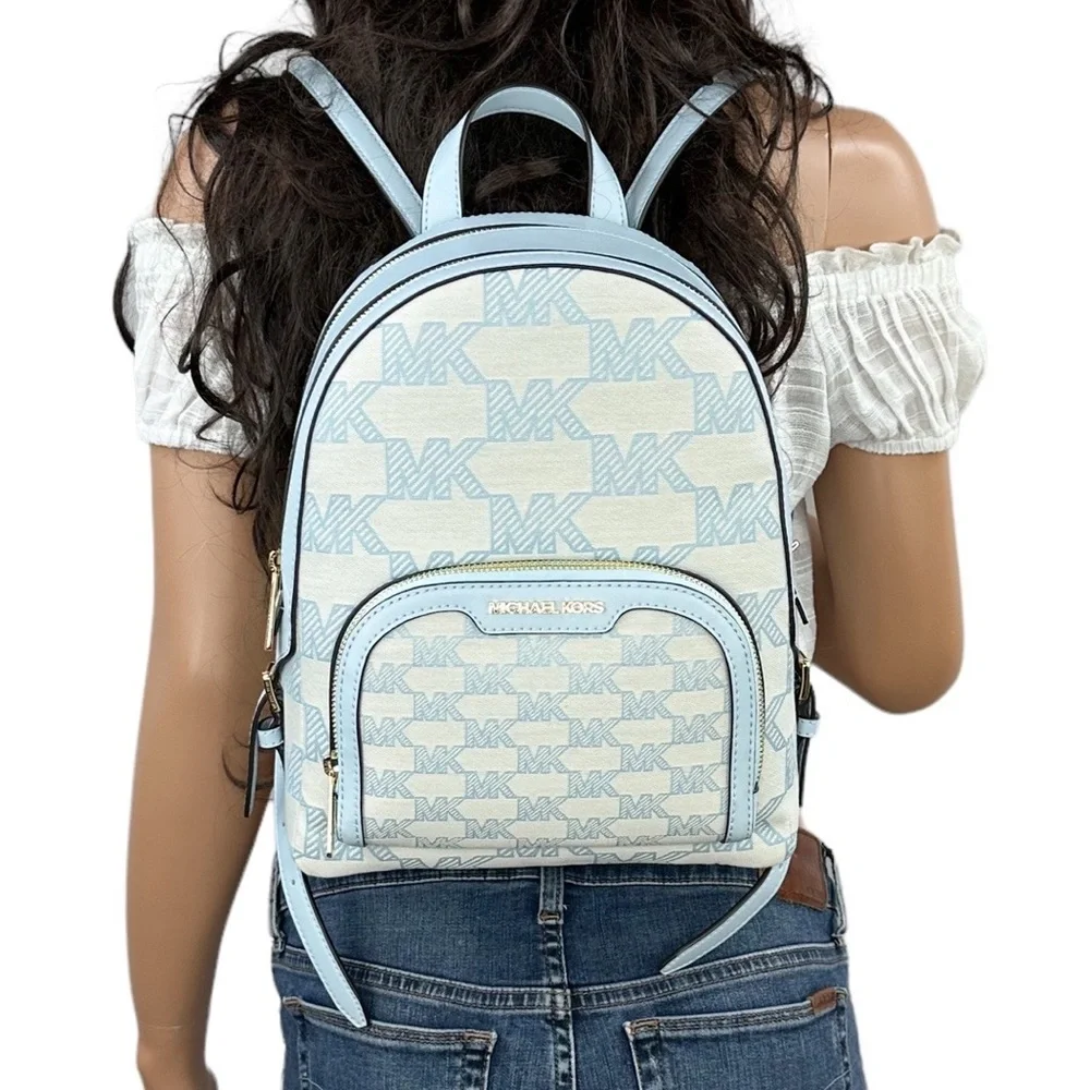 Michael Kors JAYCEE Medium Zip Pocket Backpack Graphic Logo MK Beige Blue